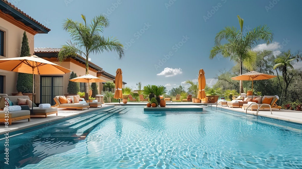refreshing poolside setting with lounge chairs, umbrellas, and crystal-clear water