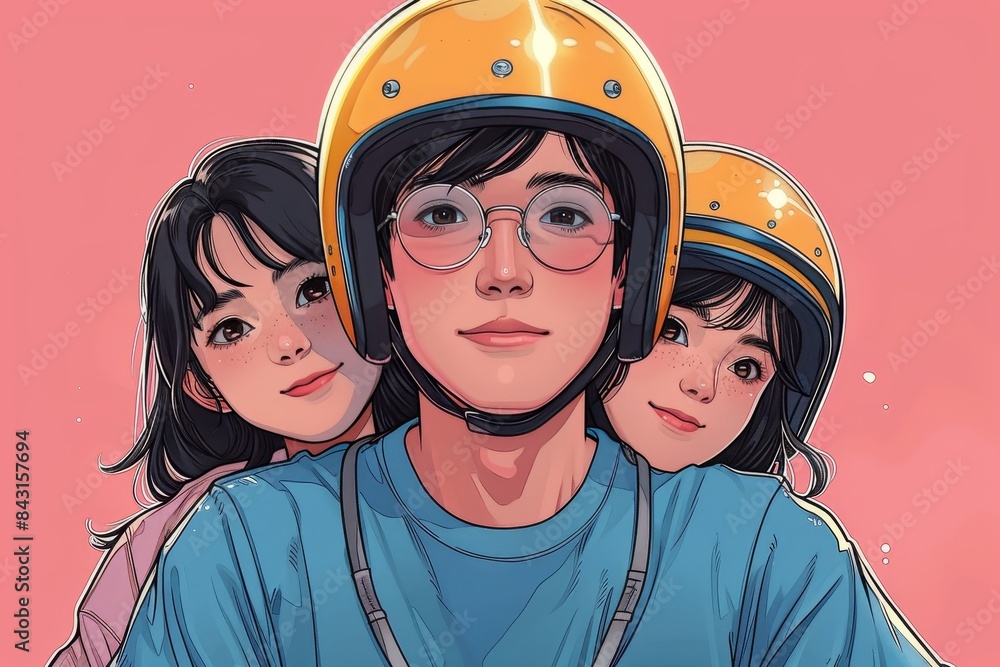 Artistic illustration of a sweet moment between a couple with motorcycle helmets Artistic illustration of a sweet moment between a couple with motorcycle helmets