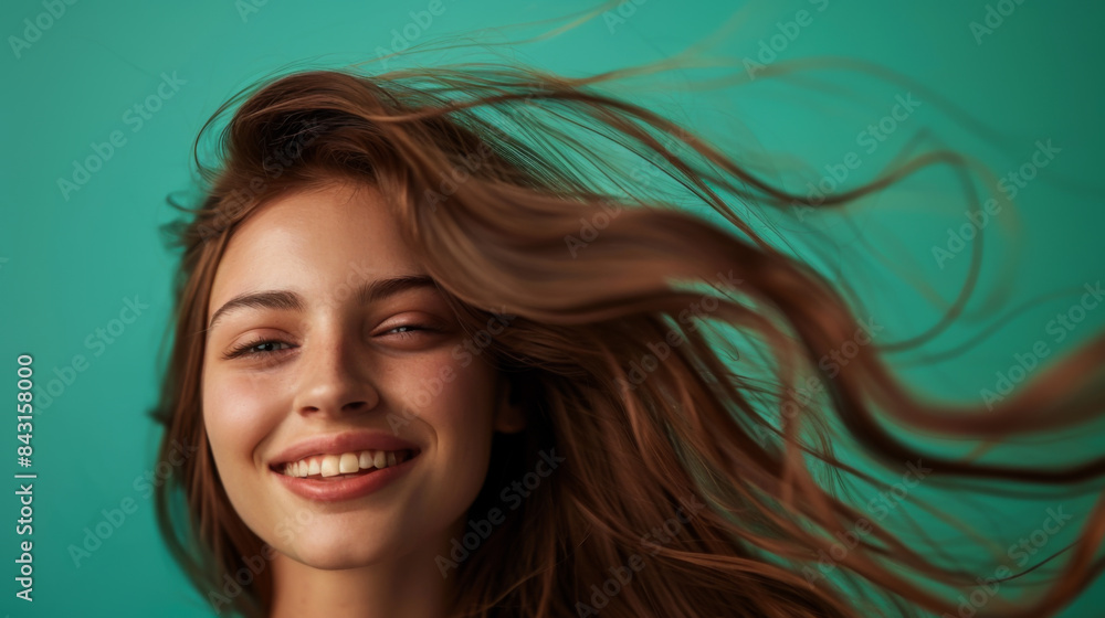 Fototapeta premium Beautiful long-haired woman having fun on a green background. Young woman posing indoors.