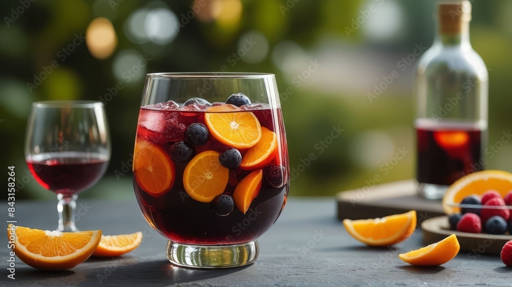 Fototapeta premium Chilled Sangria Glass Filled with Red Wine, Orange Slices, Berries, and Ice Cubes, Placed on a Patio Table