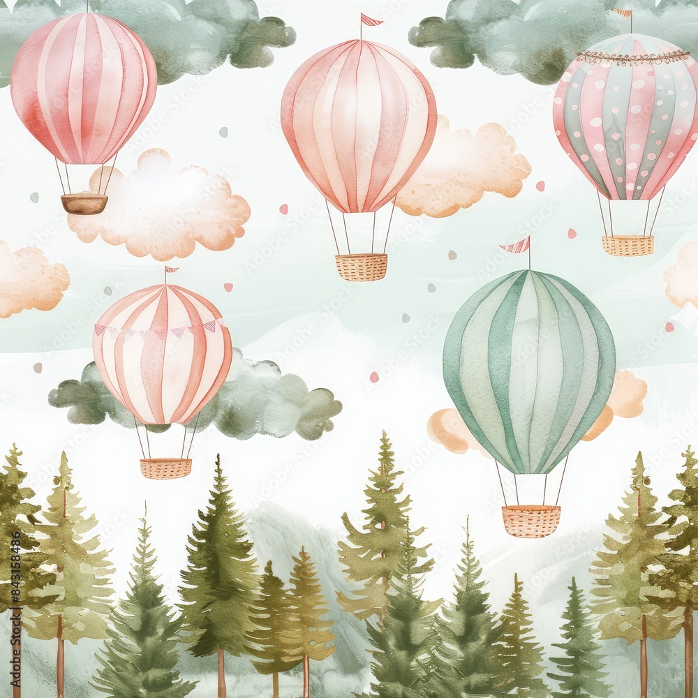 Obraz premium Whimsical Sky with Pastel Hot Air Balloons, Clouds, and Trees: A Charming Illustration Ideal for Nursery Decor and Print