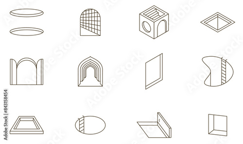  Vector Set of Linear Objects Related to New Opportunities, Portals and Doors Leading to Themselves. Mono line symbols and infographics design elements
