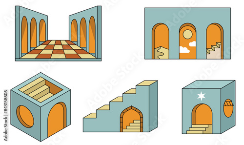 Vector Set of Isometric Objects Related to Stairs with Doors, Portals, Arcs. Alternative solution. Surrealism and Dreams. Design Elements