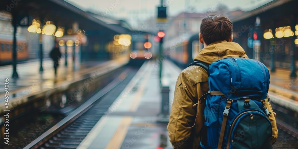 Traveler with blue backpack standing on the platform Traveler with blue backpack standing on the platform