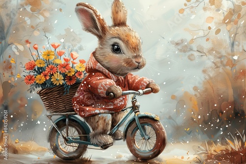 A whimsical illustration featuring a rabbit riding a bicycle adorned with a basket of colorful flowers photo