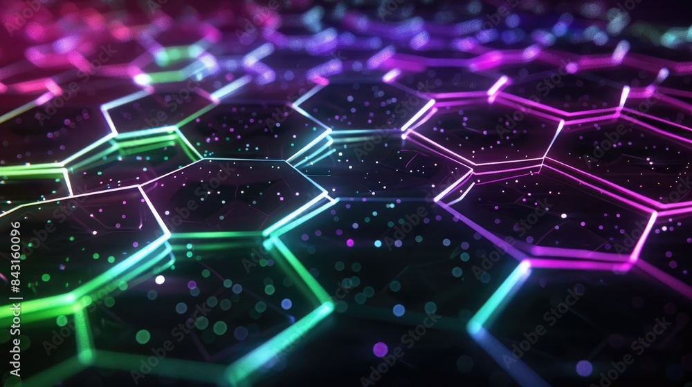 Dark starry background featuring a futuristic 3D pattern with translucent hexagons and neon green and purple light. 3D futuristic style pattern Dark starry background featuring a futuristic 3D pattern with translucent hexagons and neon green and purple light. 3D futuristic style pattern