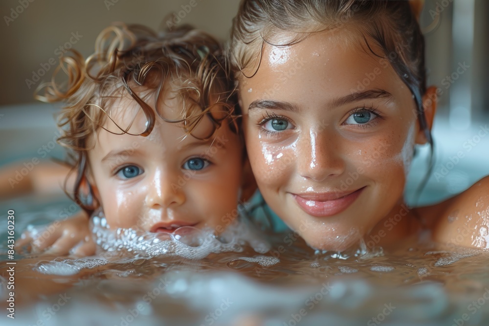 Bath time smiles: Baby and mom enjoy playful splashing together Bath time smiles: Baby and mom enjoy playful splashing together