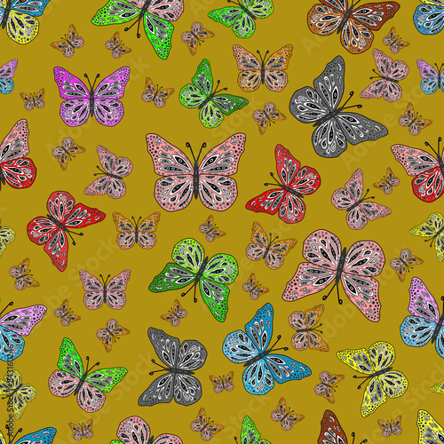 Картината върху платно Seamless pattern with interesting doodles on colorfil background.