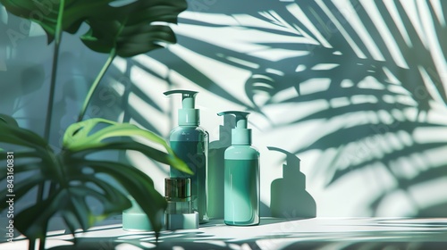 Natural beauty products on a white table against a background of green leaves. The concept of natural cosmetics. photo