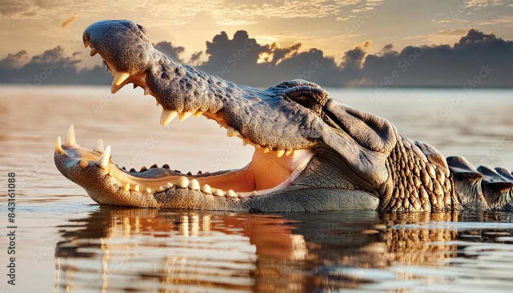 Large alligator in the water with its jaws open. Large alligator in the water with its jaws open.