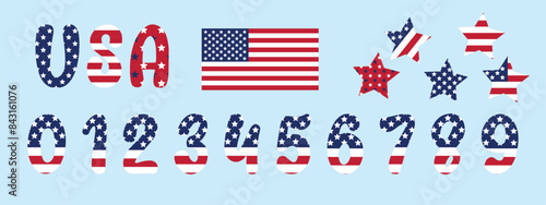 4th of july design Independence day celebration symbol set elements Patriotic numbers with American flag stars and stripes pattern For Memorial Day political campaign design projects Stars and stripes