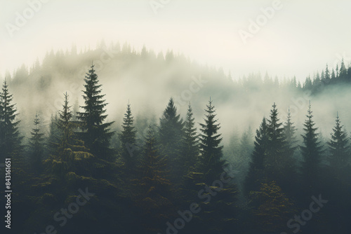 Foggy landscape with fir forest in retro vintage hipster style, nature concept © Nuna