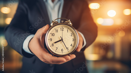Close up of businessman, hands holding vintage alarm clock, time management
