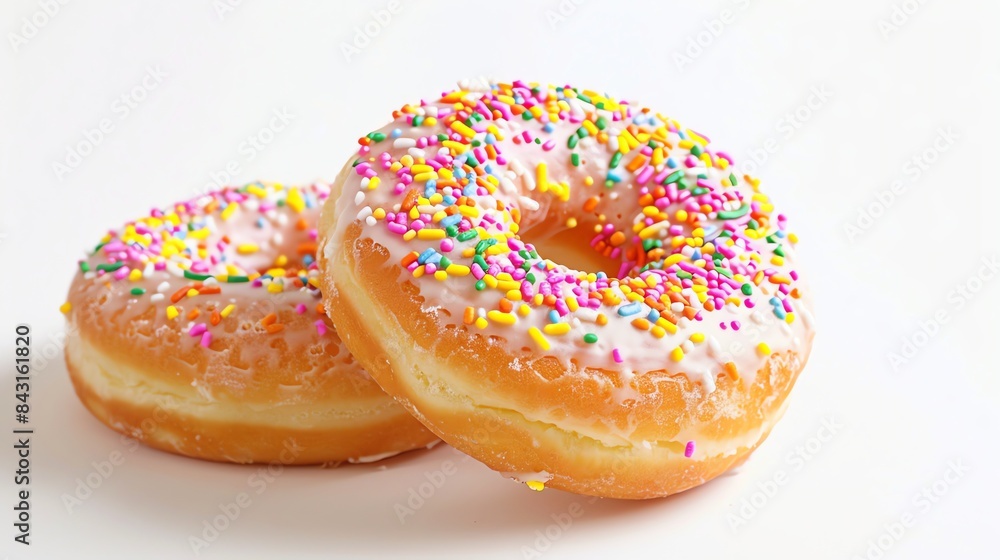 Two delicious donuts on a white background. The donuts are topped with white icing and colorful sprinkles. Two delicious donuts on a white background. The donuts are topped with white icing and colorful sprinkles.