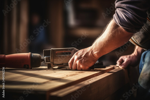 Carpenter Using Electric Sander on Wooden Plank with Focus on Hands photo