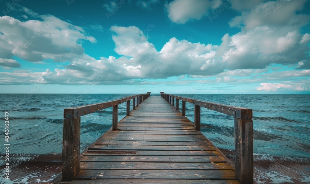 Obraz premium Wooden Dock Extending Into Calm Ocean Waters on a Sunny Day