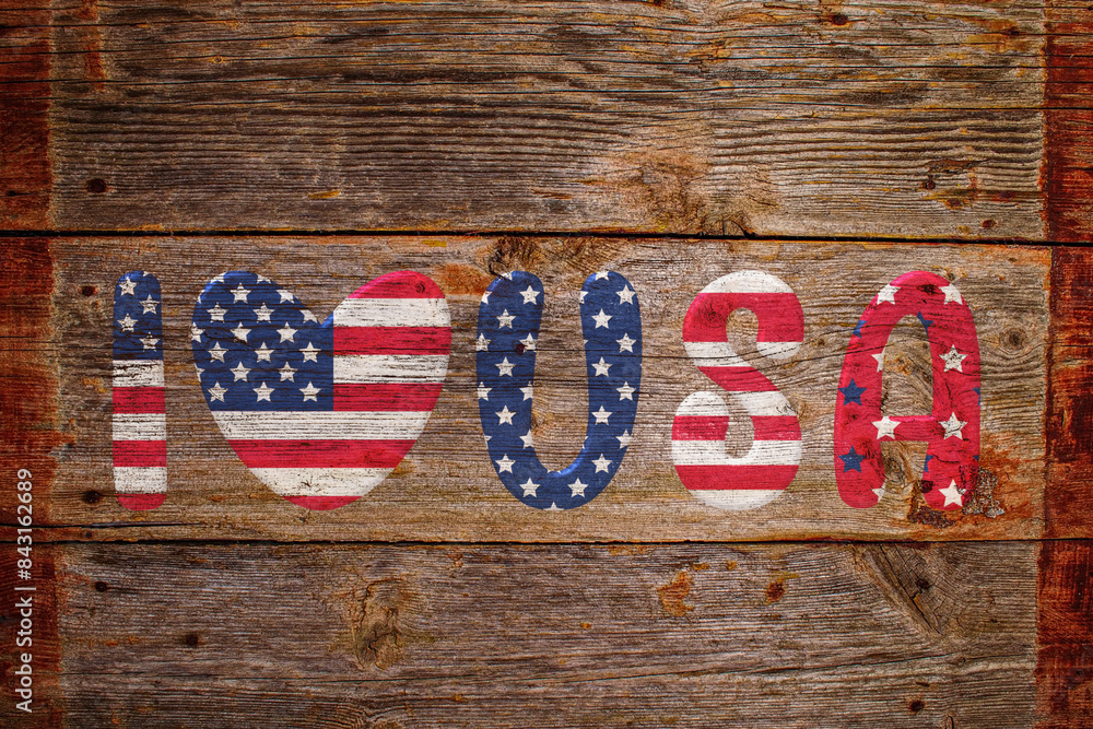 Obraz premium I love USA flag painted on old wooden background Effect of cracked aged flaky paint Grunge style 4th july Independence day of America Fourth of july Copy space Stars and strips Red blue white colors 