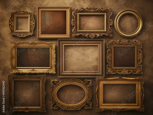 Collection of vintage frames on textured background with soft ambient lighting.