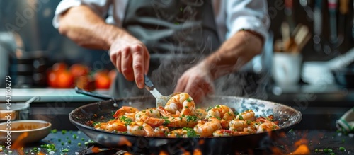 Fototapeta Naklejka Na Ścianę i Meble -  Seafood, Professional cook prepares shrimps with sprigg beans.