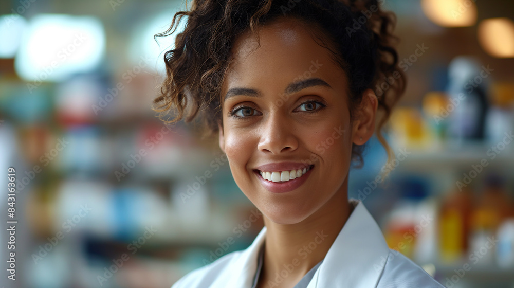 female pharmacist smiling in her work female pharmacist smiling in her work