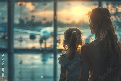 airport Terminal Beautiful Mother and Cute Little Daughter Wait for their Vacation Flight, Looking out of Window for Arriving and Departing Airplanes