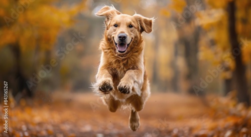 Golden Retriever Jumping Through Fall Foliage