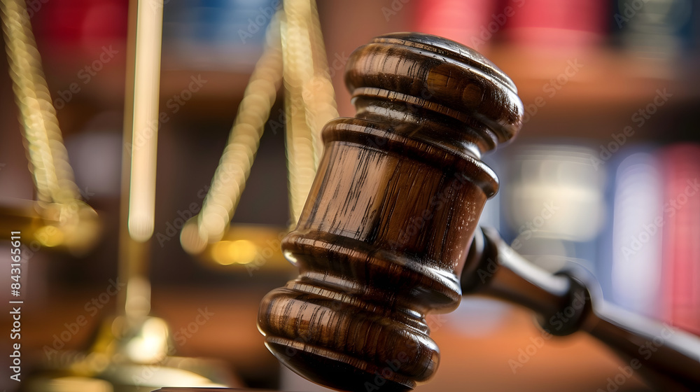 Close up of a wooden judge or auctioneers gavel with a brass band on a wooden base for delivering judgement Close up of a wooden judge or auctioneers gavel with a brass band on a wooden base for delivering judgement