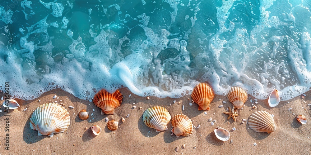 Sea water, sand and sea shells as background. Summer beach. Summer background. Top view