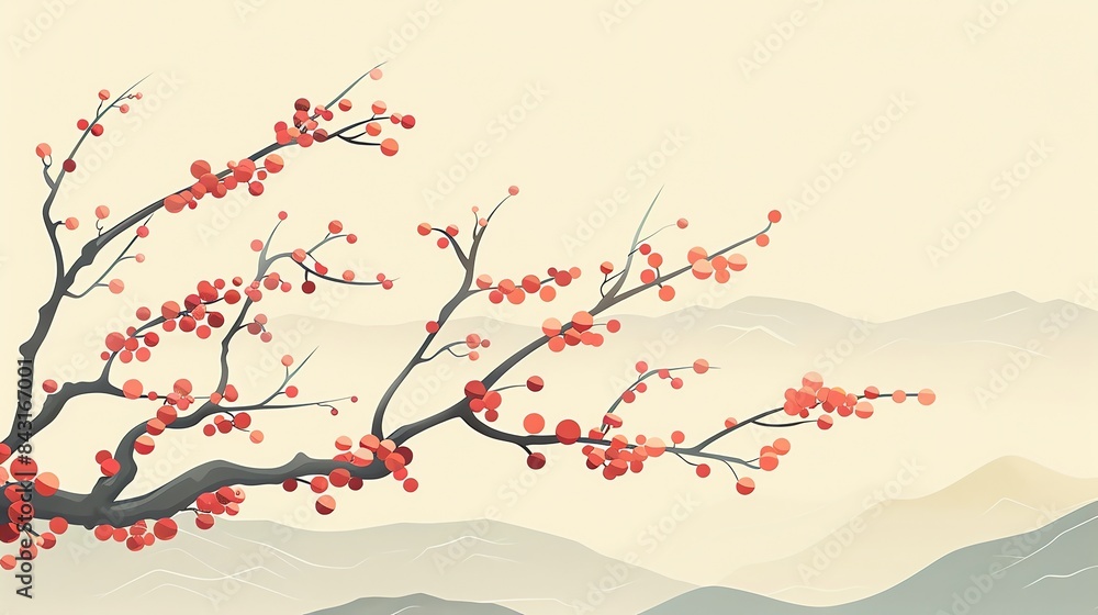 Fototapeta premium An elegant and minimalist digital painting of a cherry blossom branch.