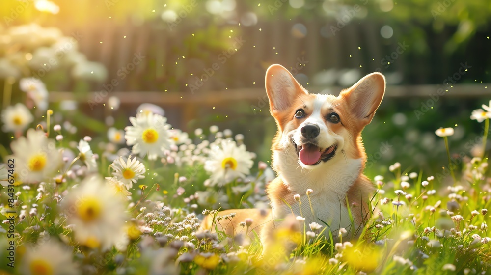 A cute and happy corgi dog is lying in a field of daisies. The dog is looking up at the camera with a happy expression on its face. A cute and happy corgi dog is lying in a field of daisies. The dog is looking up at the camera with a happy expression on its face.