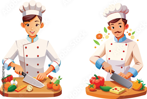 Cook in uniform is chopping vegetables