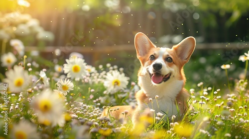 A cute and happy corgi dog is lying in a field of daisies. The dog is looking up at the camera with a happy expression on its face.