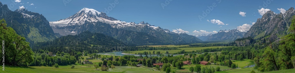 Obraz premium Scenic Alpine Valley with Snow-Capped Mountains, Serene Green Meadows, Blue Sky, and Quaint Village Amidst Majestic Natural Beauty in Switzerland