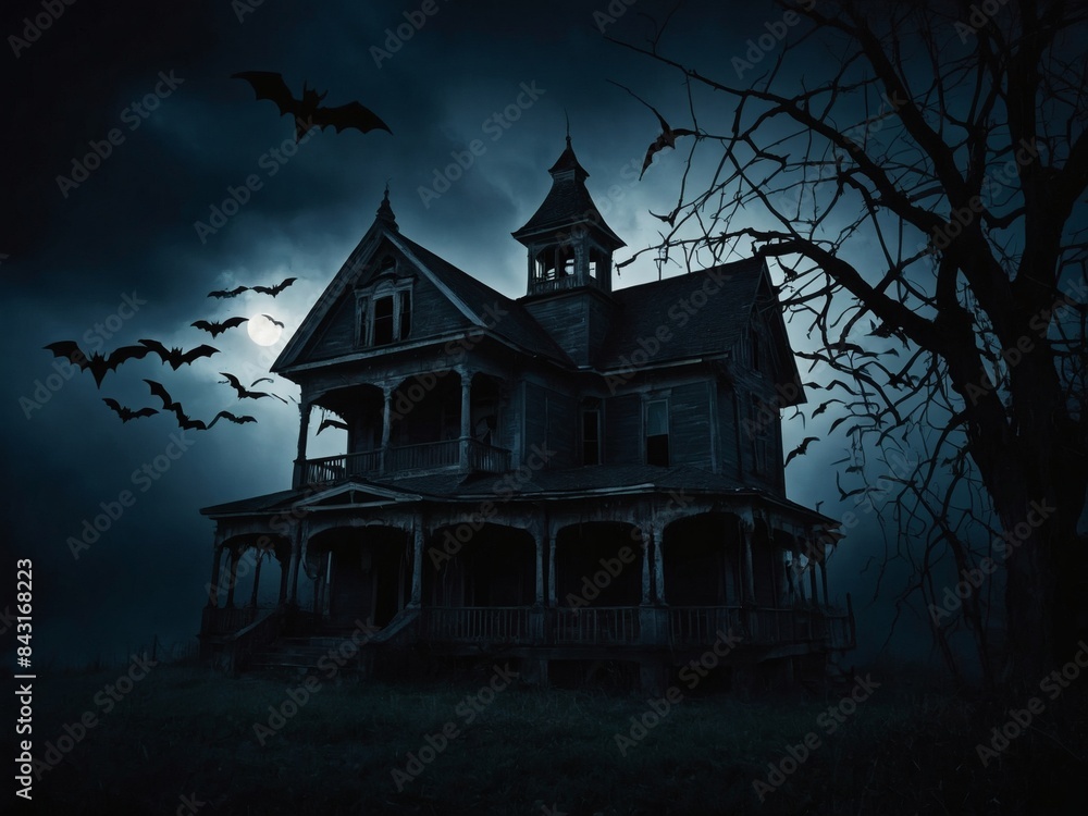 Creepy haunted house adorned with bats and spiders in an ultra-dark ambiance, ideal for Halloween chills.