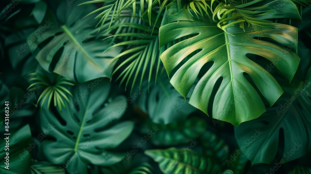 Detailed close-up of tropical leaves set against a dark background, highlighting the rich textures and lush greenery Detailed close-up of tropical leaves set against a dark background, highlighting the rich textures and lush greenery