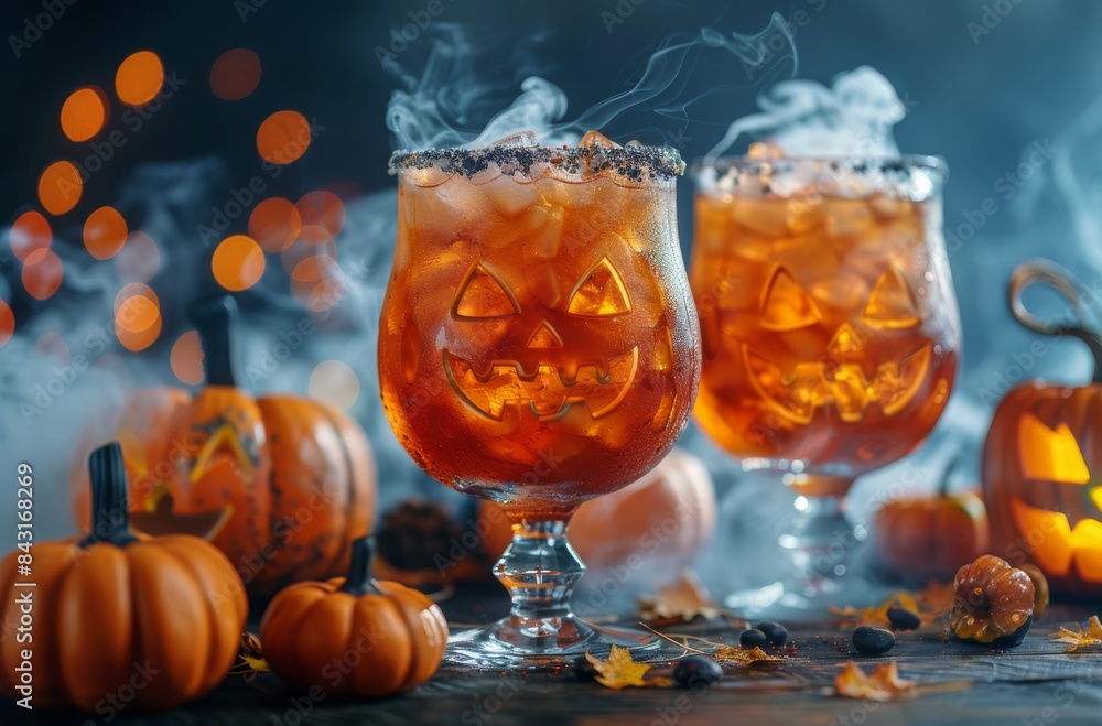 Spooky Halloween Cocktail With Jack-O-Lantern and Warm Lights Spooky Halloween Cocktail With Jack-O-Lantern and Warm Lights