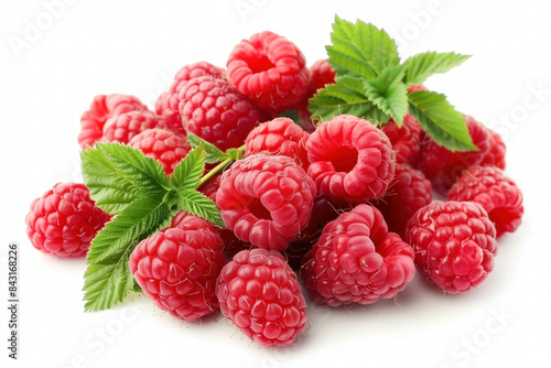 Raspberries with leaf on a white background