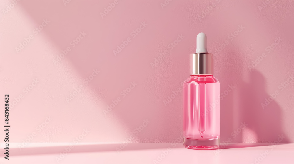 elegant pink serum bottle on soft pink background with shadows, with copy space for text elegant pink serum bottle on soft pink background with shadows, with copy space for text
