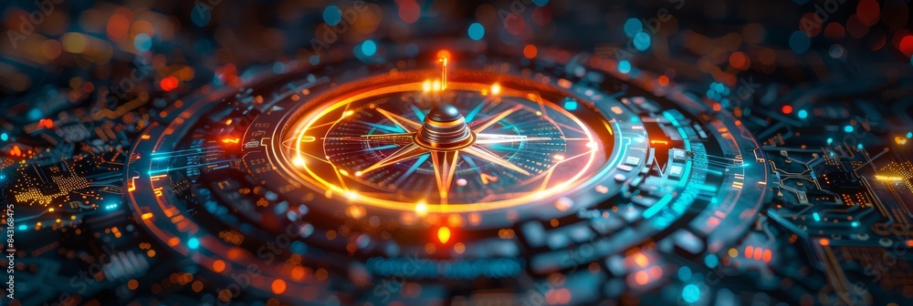 Futuristic Compass On Circuit Board With Glowing Lights Futuristic Compass On Circuit Board With Glowing Lights