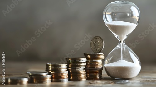 Coins stacked with hourglass and coin balancing on top. Time and money concept. Financial illustration for banner and poster