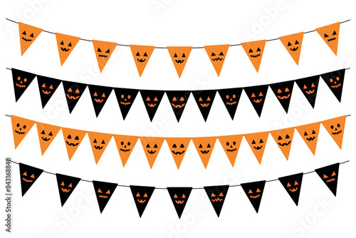set of halloween buntings, triangular flags with scary faces, black and orange party decorations, vector decorative elements