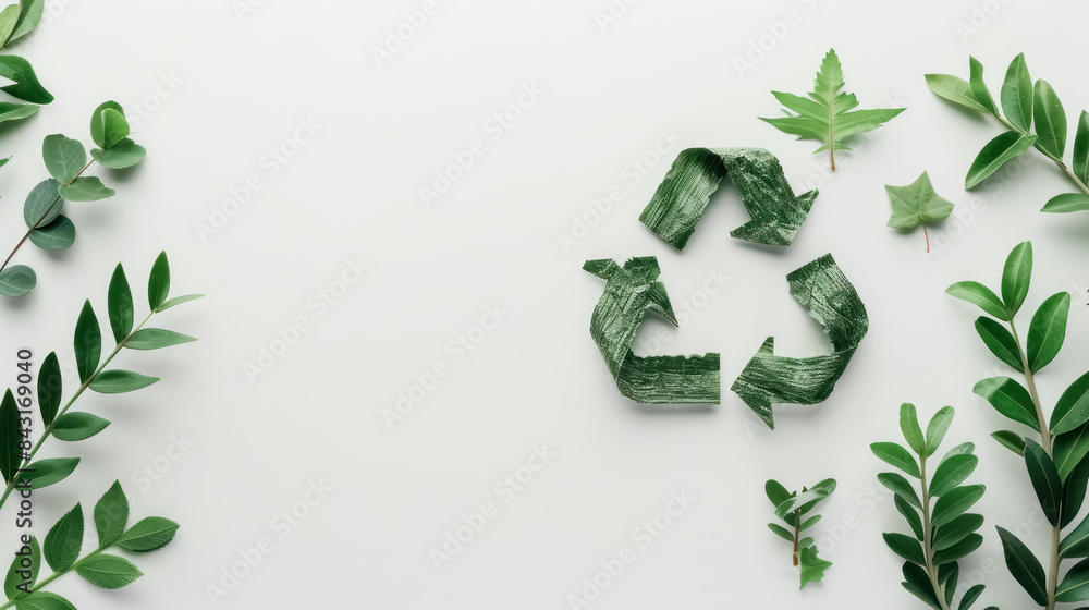 eco-friendly green recycling symbol made of leaves on a clean white ...
