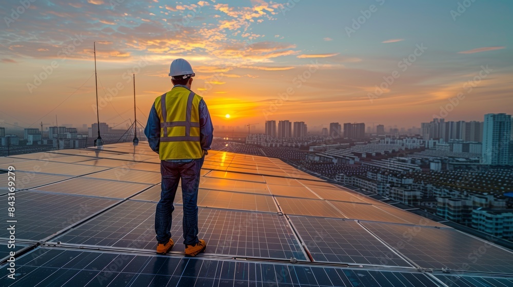 Engineer checking solar panels on a rooftop during sunset for renewable energy project Engineer checking solar panels on a rooftop during sunset for renewable energy project