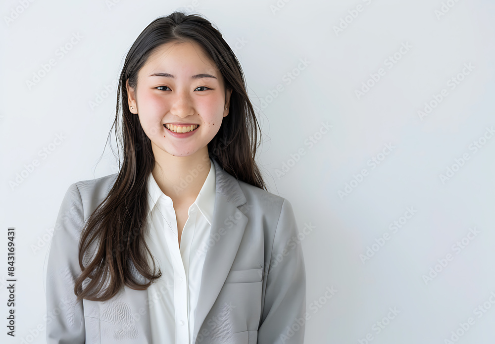 beautiful Japanese woman her early mid twenty long hair wearing business casual attire of light gray color white shirt smiling camera against all white background She standing upright professional beautiful Japanese woman her early mid twenty long hair wearing business casual attire of light gray color white shirt smiling camera against all white background She standing upright professional