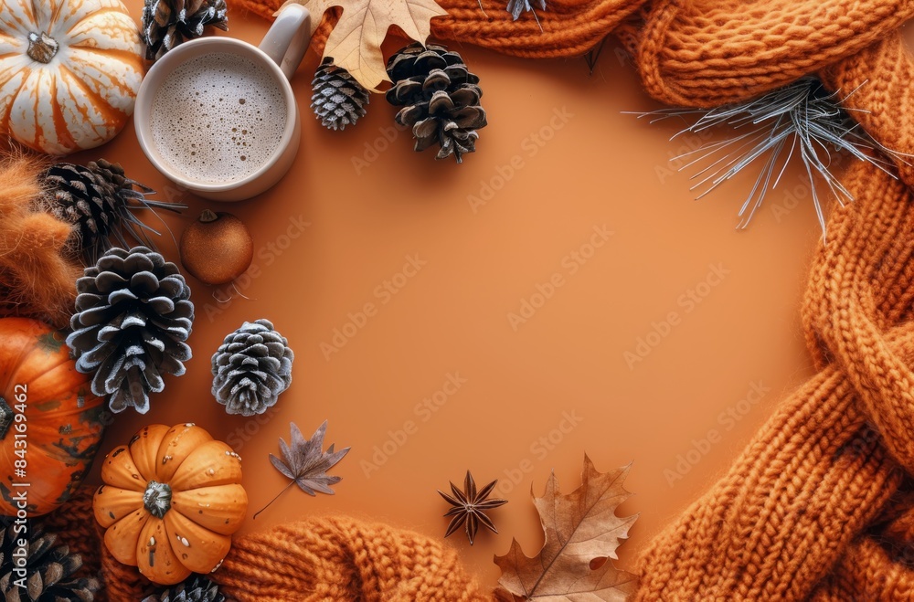 Warm Autumn Latte With Pumpkin and Knitted Scarf Warm Autumn Latte With Pumpkin and Knitted Scarf
