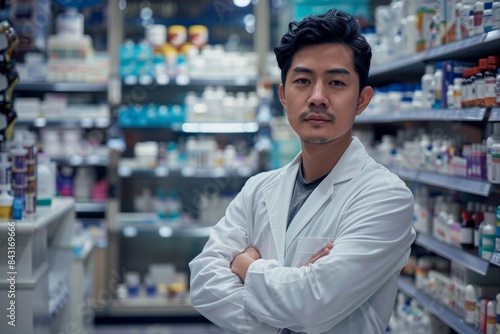 Pharmacy  guy  and arms crossed for healthcare  pharmaceutical inventory  and store management. Medical professional portrait of Asian doctor or pharmacist  pills or product shelves.