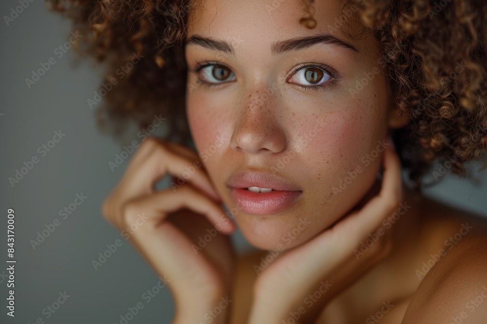 On a gloomy background, a model black woman contemplates skincare in studio. An gorgeous young female posing for health or wellness with cosmetic, mentality, and natural hair. On a gloomy background, a model black woman contemplates skincare in studio. An gorgeous young female posing for health or wellness with cosmetic, mentality, and natural hair.