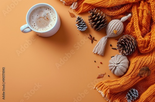 Warm Autumn Latte With Pumpkin and Knitted Scarf photo