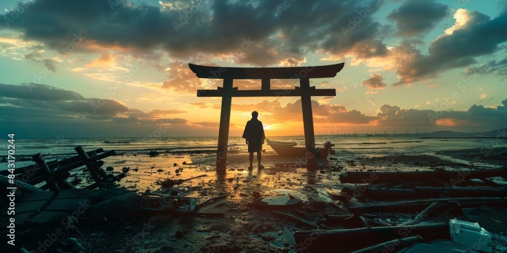 Torii gate, Japanese sunset sky, guy in silhouette with clouds, zen, spiritual history on travel experience. Shinto architecture, Asian nightlife, and tranquility on Japanese sacred site. Torii gate, Japanese sunset sky, guy in silhouette with clouds, zen, spiritual history on travel experience. Shinto architecture, Asian nightlife, and tranquility on Japanese sacred site.