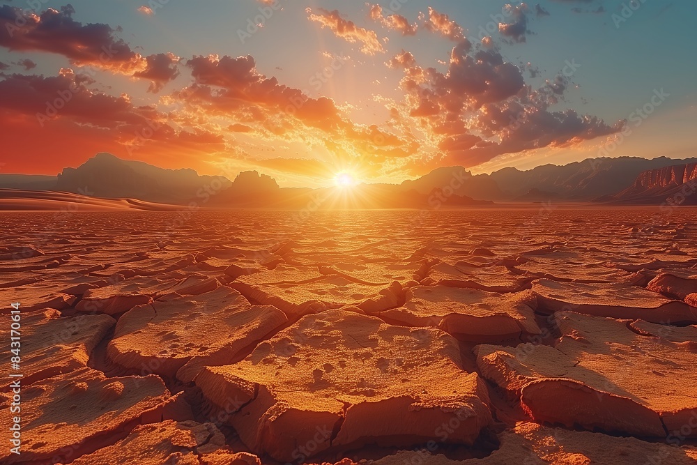 Orange sun sets behind mountains, illuminating soil, badly cracked from the heat, on which no plants grow. Clouds float across sky, illuminated by sunlight. Desert drylands. Global warming concept Orange sun sets behind mountains, illuminating soil, badly cracked from the heat, on which no plants grow. Clouds float across sky, illuminated by sunlight. Desert drylands. Global warming concept